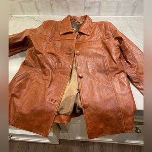Authentic vintage 70s camel brown collared button leather jacket coat, oversized